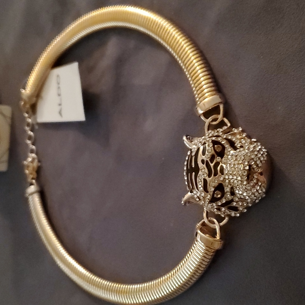 Aldo Tiger Necklace Collar Choker Rhinestone Crystal Tiger Gold Tone
